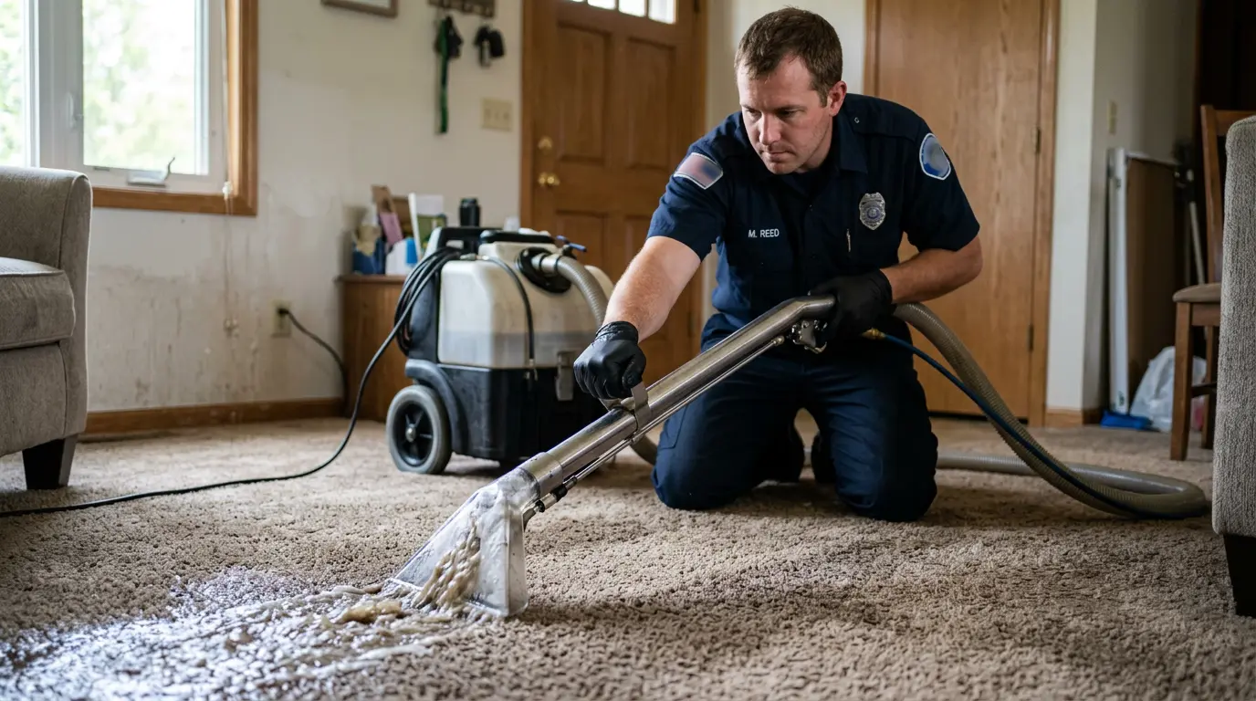 Gold Tech Restoration technician extracting water from a flooded home in Brookhaven